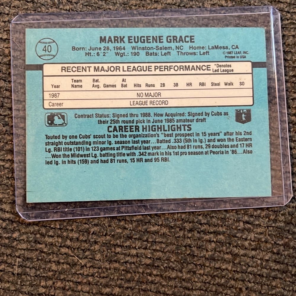 MARK GRACE CUBS ROOKIE CARD - Picture 2 of 2